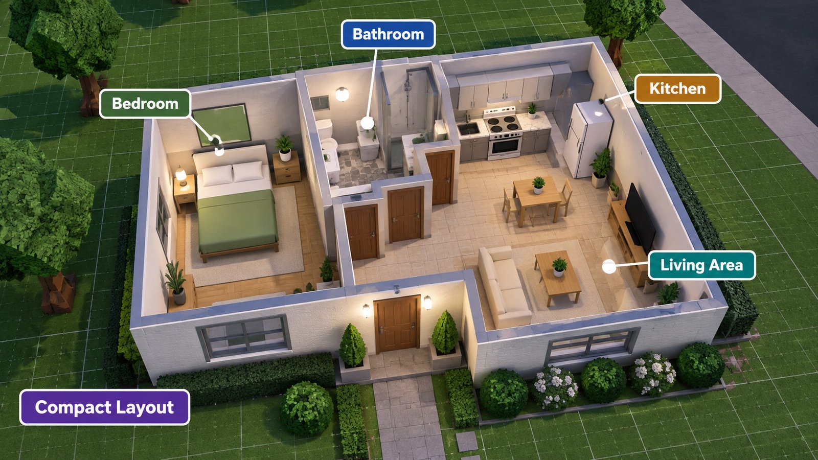 Compact Bloxburg house layout with a bedroom, bathroom, kitchen, and living area
