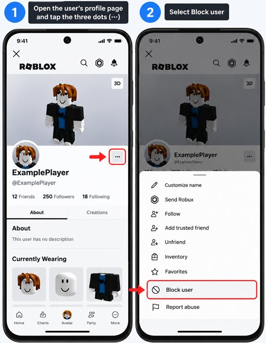 Illustration of Roblox mobile profile showing the three-dot menu and Block user option