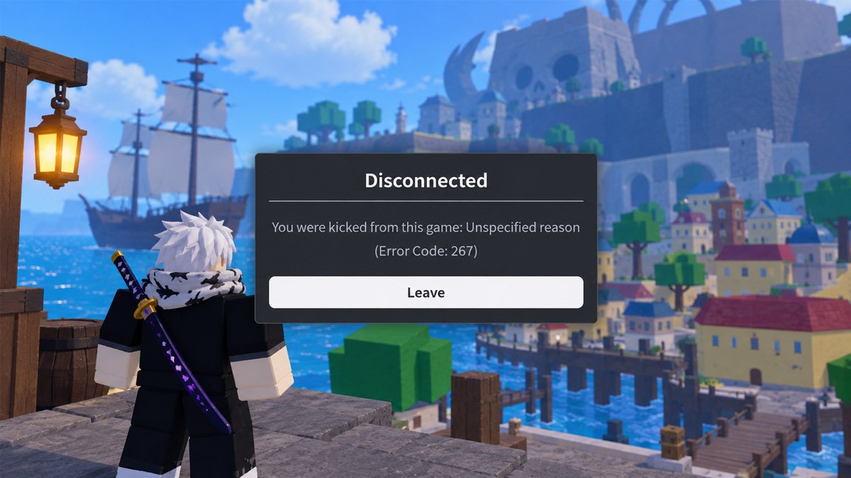 Roblox Error Code 267 disconnected message in a Blox Fruits-inspired game environment