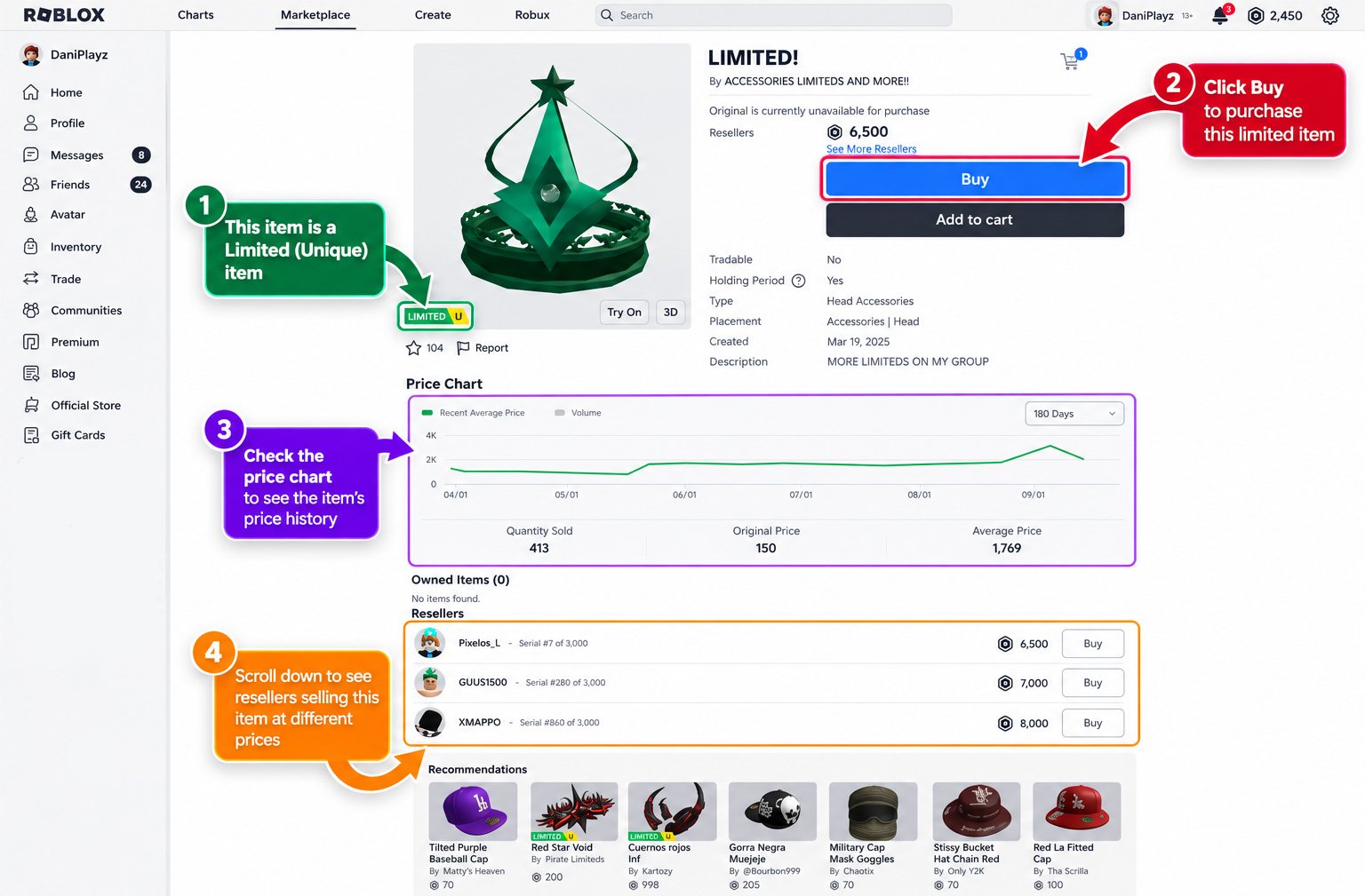 Roblox Limited item details with Buy button, Price Chart, and reseller listings