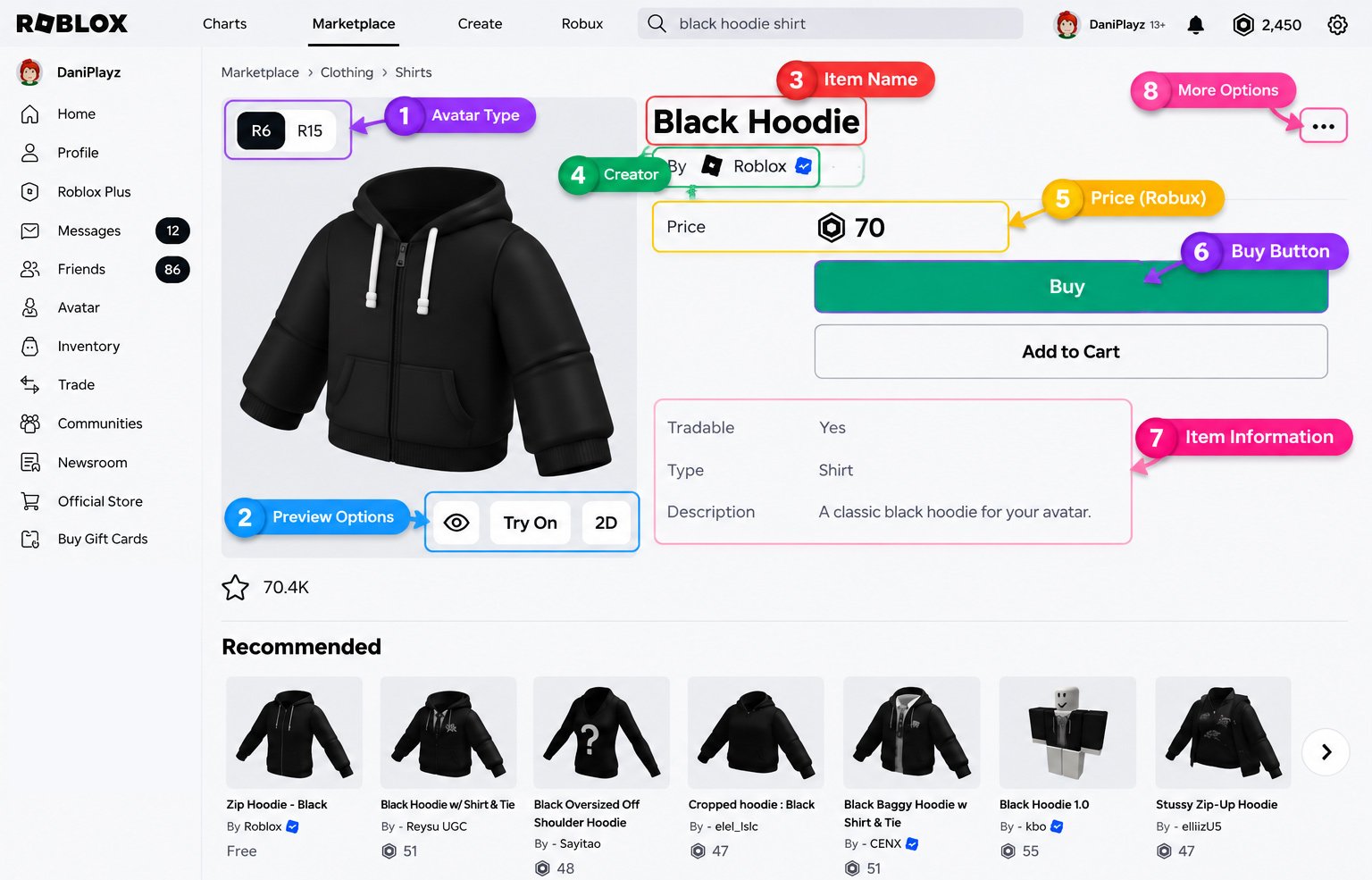 Roblox Marketplace item details with Try On and Buy options