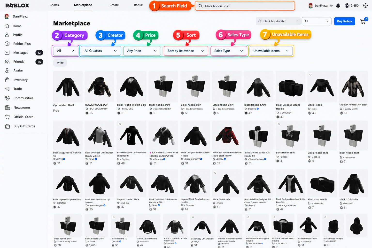 Roblox Marketplace search and filters