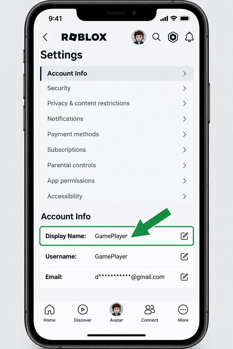 Roblox mobile Account Info showing the Display Name option