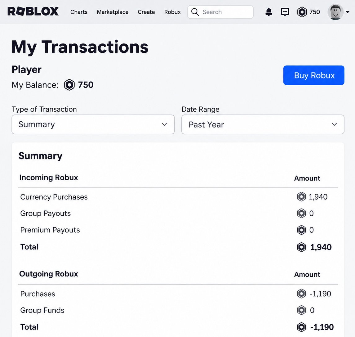 Roblox My Transactions page showing Robux balance and transaction history