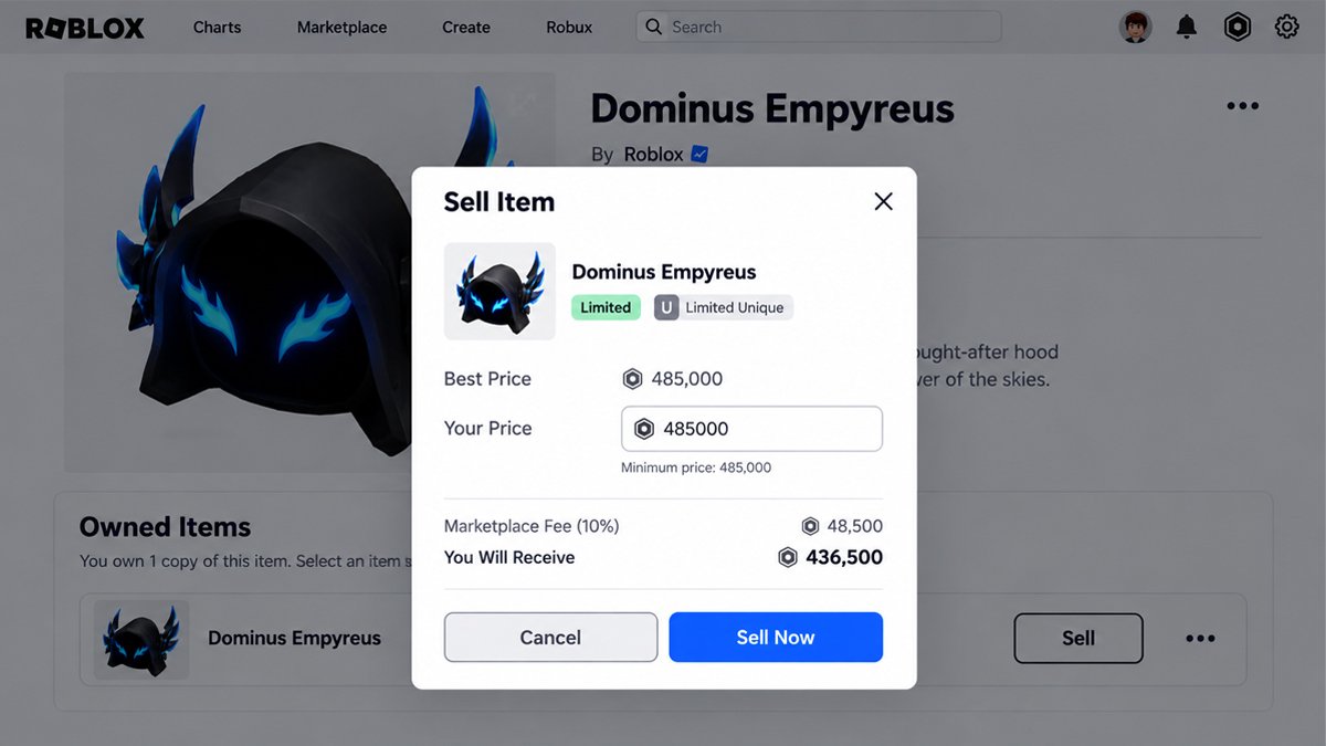 Roblox Sell Item price and confirmation