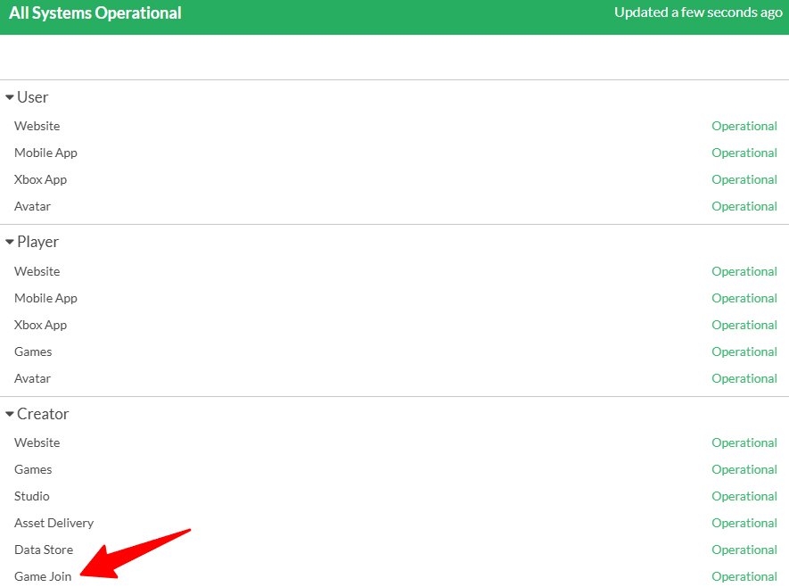 Roblox Status Page showing Game Join as operational