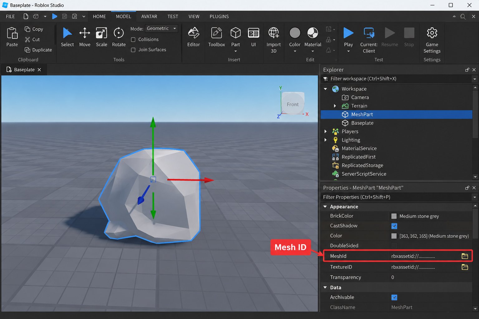 Roblox Studio MeshPart selected with the Mesh ID field visible