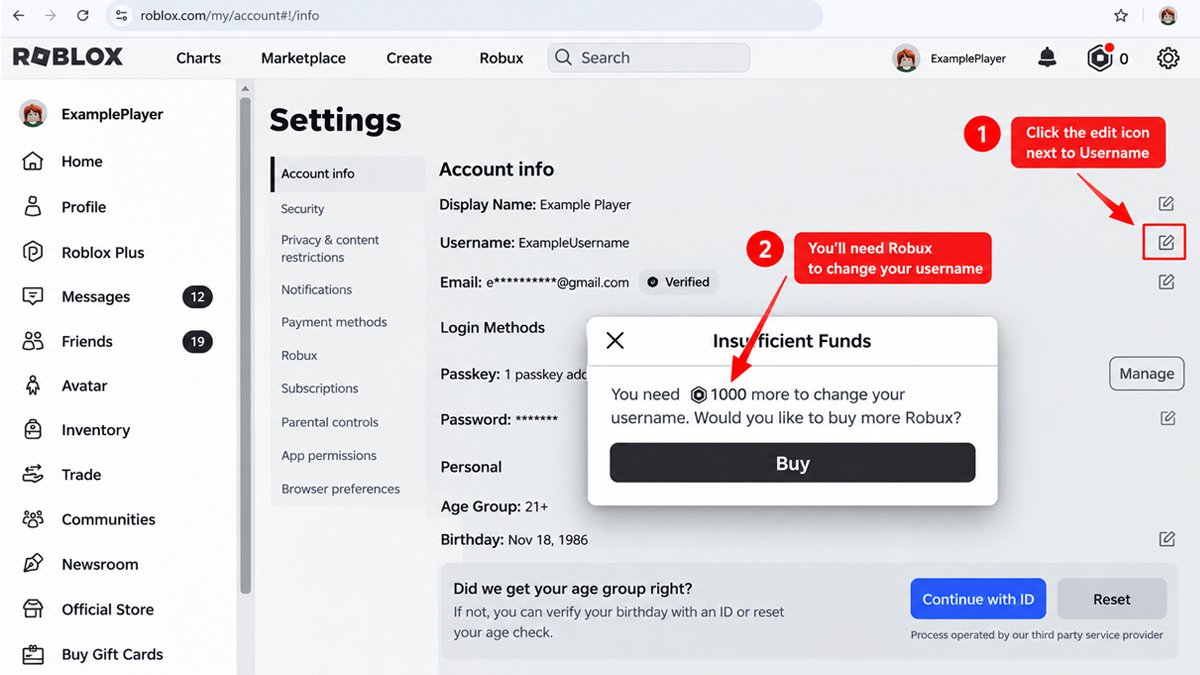 Roblox username change showing a 1,000 Robux requirement