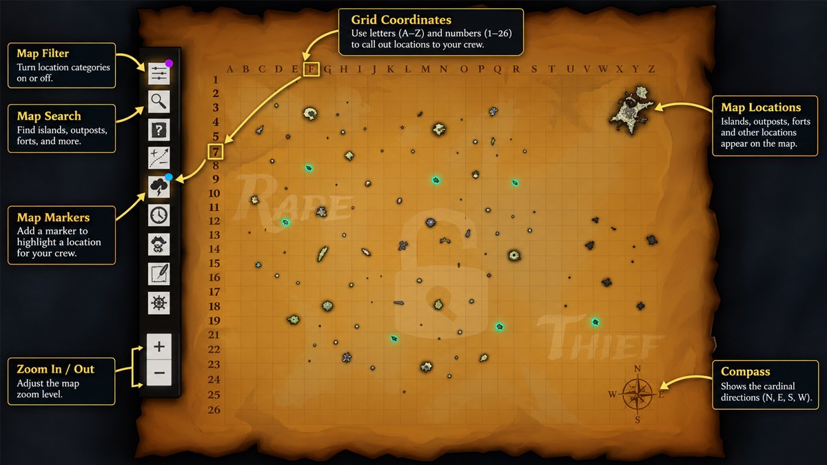 Sea of Thieves interactive map showing locations, grid coordinates, and map controls
