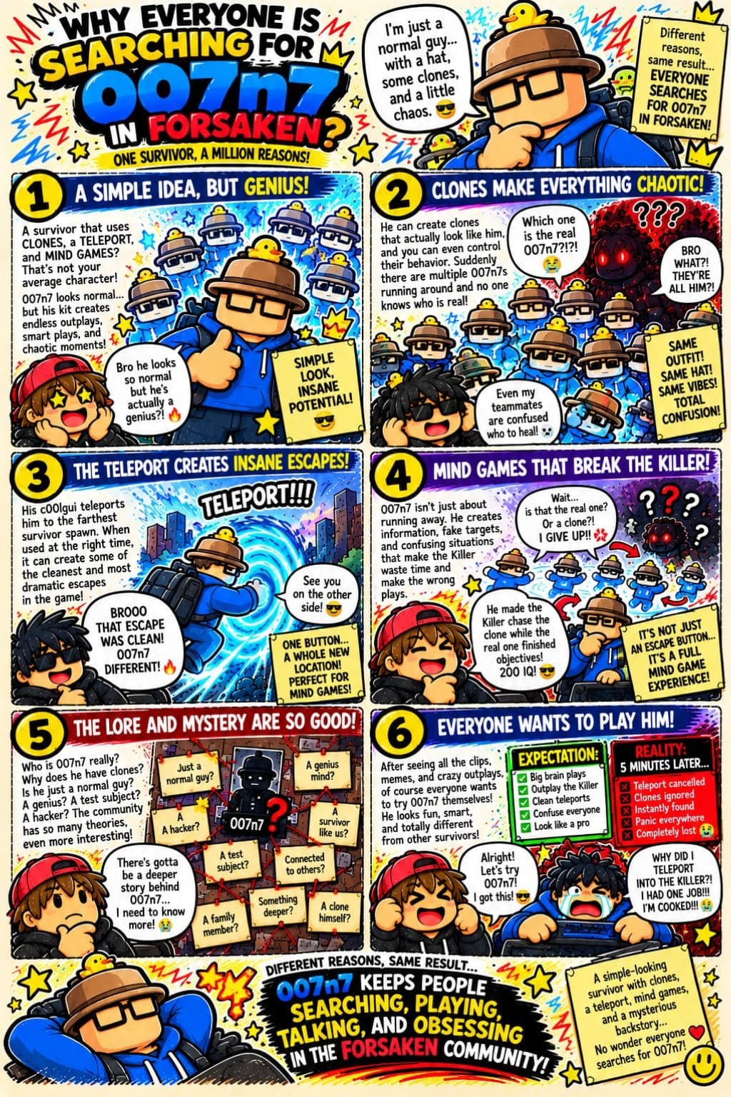 Humorous 007n7 Forsaken infographic showing clones, teleport escapes, mind games, character theories, and funny gameplay moments.