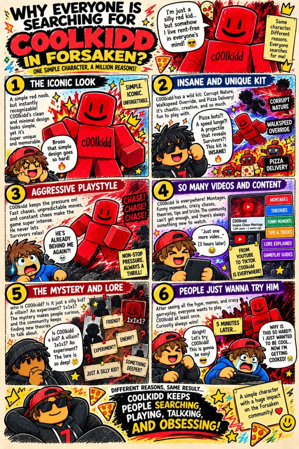Humorous C00lkidd Forsaken infographic showing why players enjoy his iconic design, abilities, chaotic gameplay, lore, and community content.