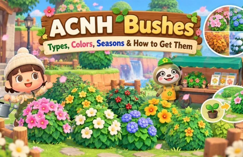 Different ACNH bushes with pink, white, blue, yellow, and orange flowers, plus holly berries.