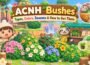 Different ACNH bushes with pink, white, blue, yellow, and orange flowers, plus holly berries.