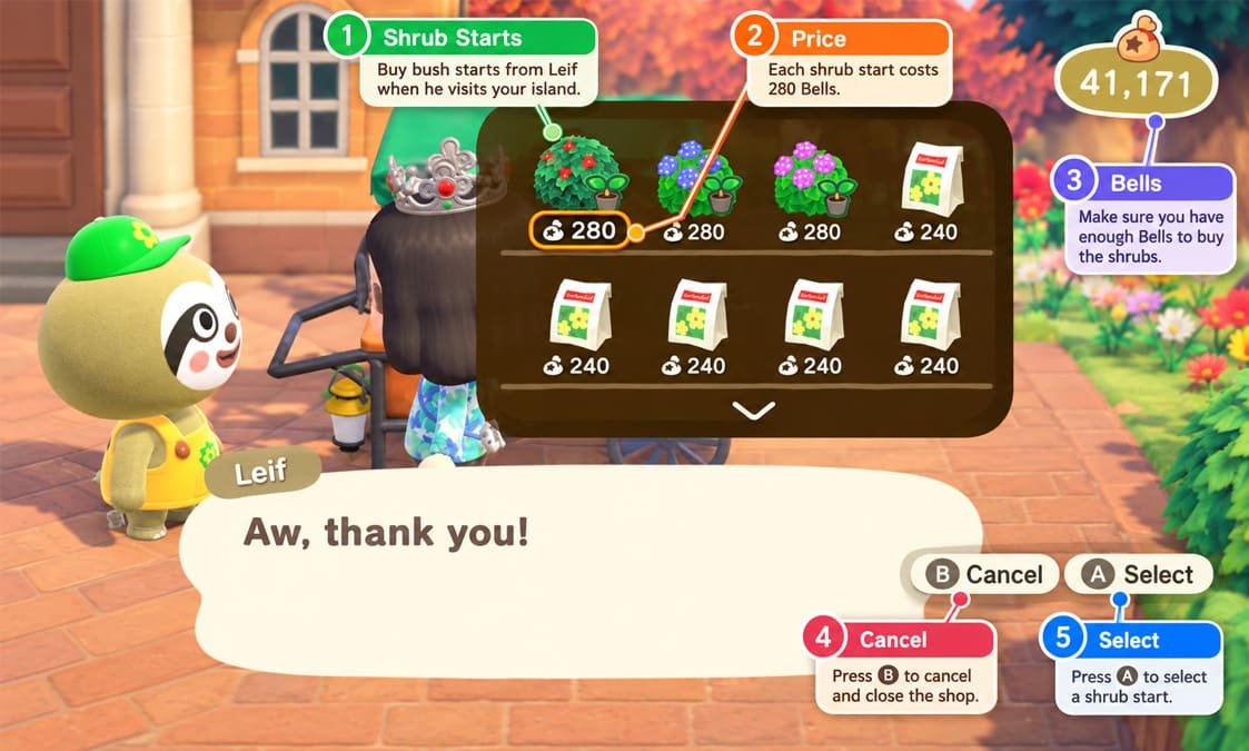 Leif selling shrub starts and flowers in Animal Crossing New Horizons