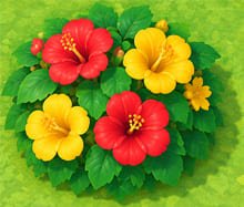 Hibiscus bushes with red and yellow flowers in ACNH
