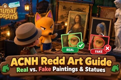 ACNH Redd art guide comparing real and fake paintings and statues.