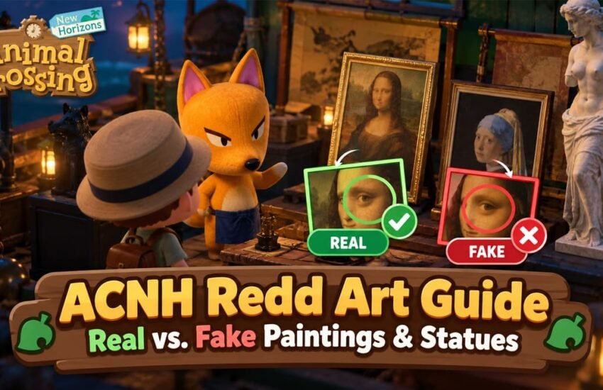 ACNH Redd art guide comparing real and fake paintings and statues.