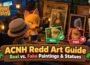 ACNH Redd art guide comparing real and fake paintings and statues.