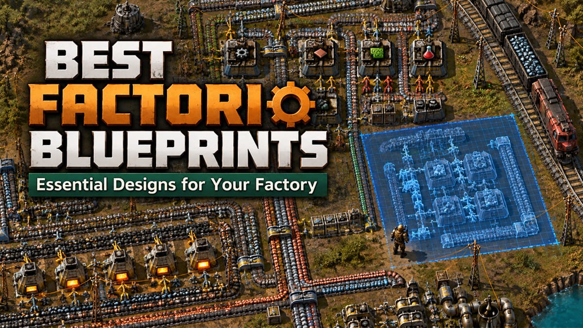 Factorio factory with production lines, belts, machines, and blueprint layout