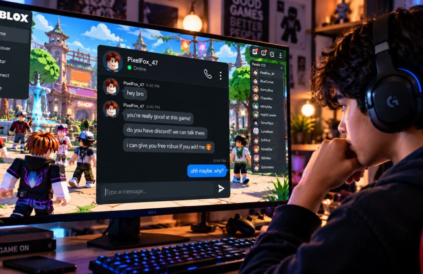 Teen gamer noticing suspicious messages and different avatars in an online game
