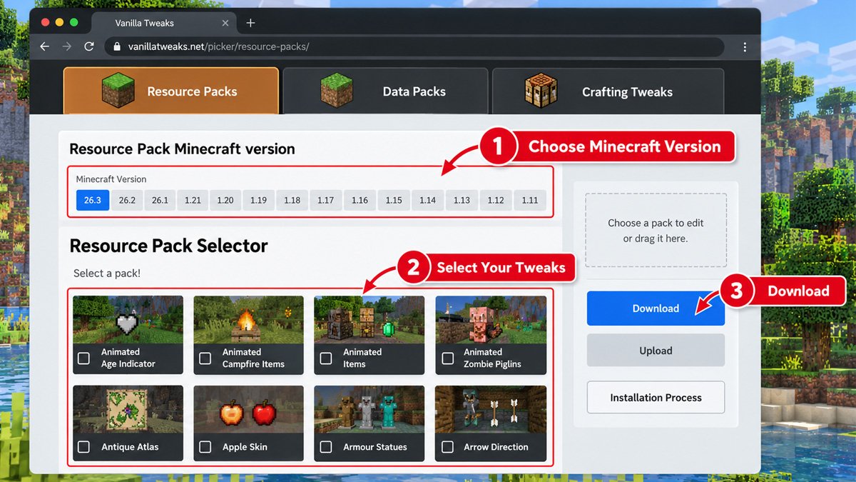 Vanilla Tweaks pack selector and Minecraft version